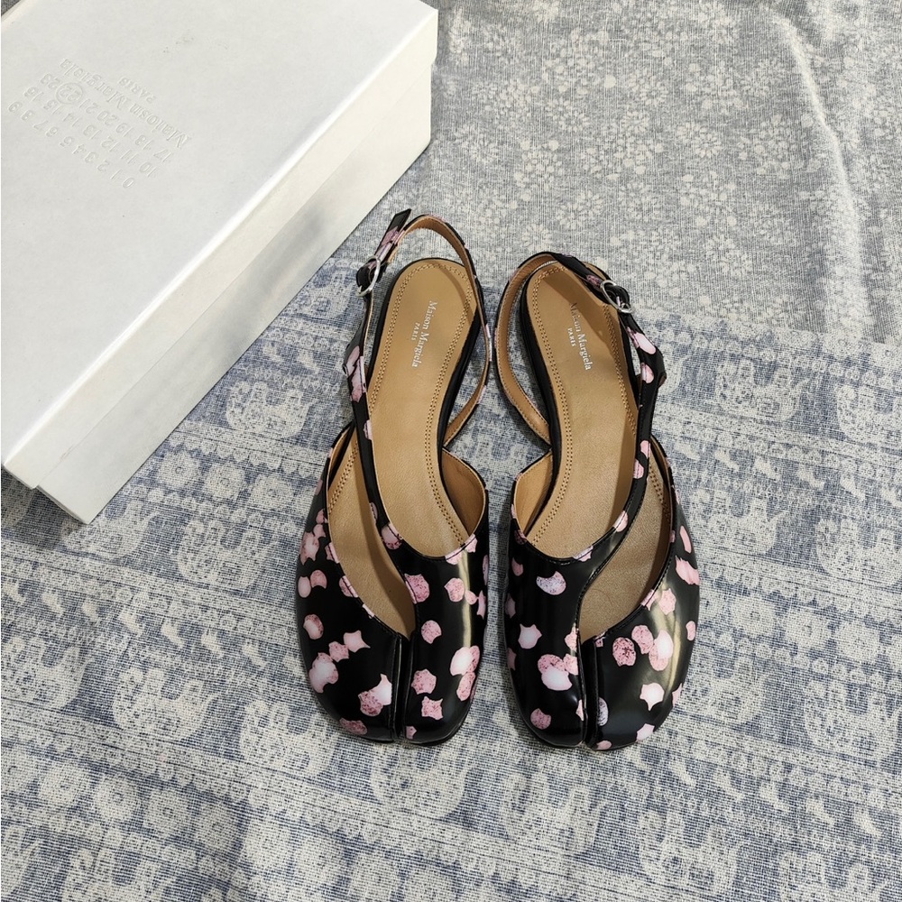 Maison Martin Margiela Black Leather Tabi Slingback Mules with Pink Floral Spots